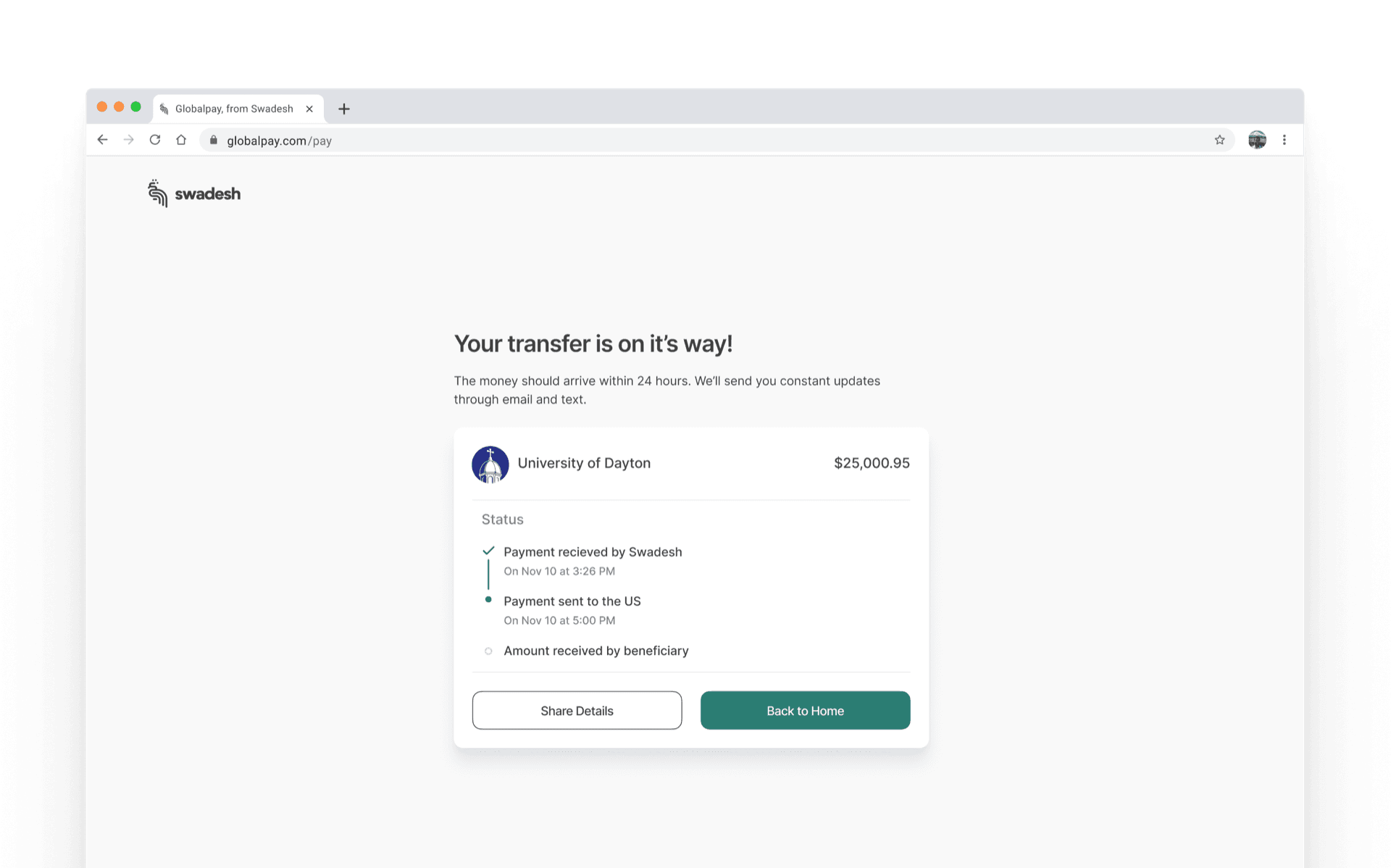 Swadesh — Globalpay transfer status